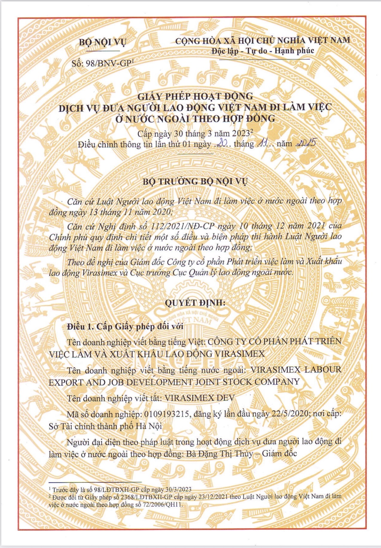 GIẤY PHÉP HOẠT ĐỘNG DỊCH VỤ ĐƯA NGƯỜI LAO ĐỘNG ĐI LÀM VIỆC Ở NƯỚC NGOÀI
